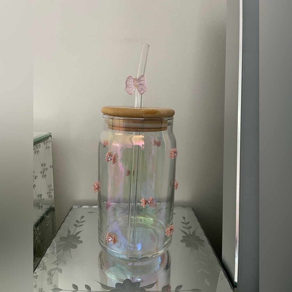 🎀Viral Pink Bow Iridescent Glass Tumbler🎀